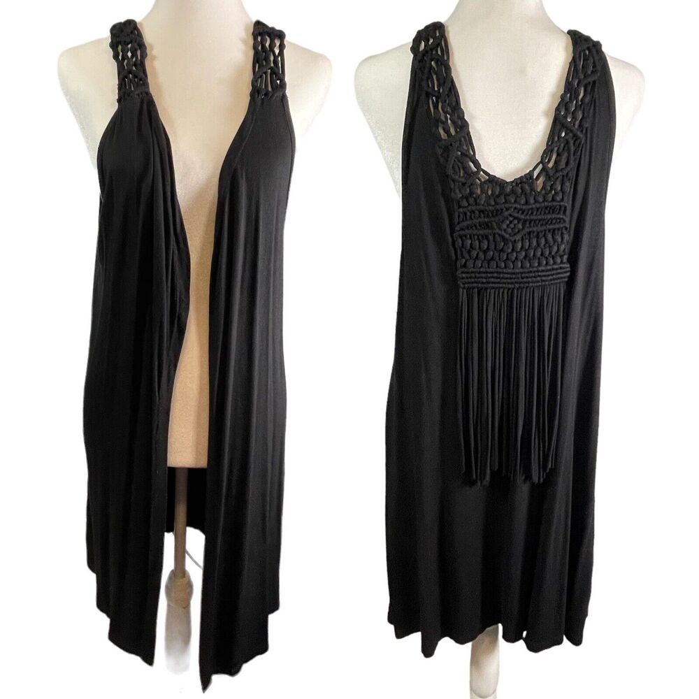 EST 1946 Black Woven Boho Open Front Sleeveless Kimono Fringe Crochet SIZE LARGE